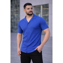Giyim Center Erkek Waffle Kumaş Kısa Kollu Düğmeli Açık Yaka Regular Fit Gömlek - Saks Mavisi