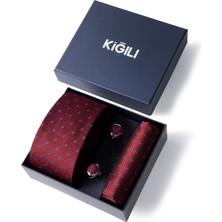 Kiğılı 3'lü Desenli Kravat & Mendil & Kol Düğmesi Hediye Kutulu Set