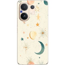 TechTree Vivo V60 Uyumlu Krem Zeminli Ay ve Yıldız Baskılı Silikon Kılıf