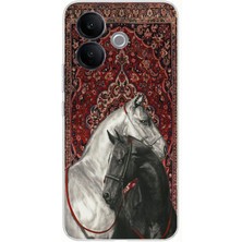 TechTree Vivo V60 Lite Uyumlu Geleneksel Halı Motifli Siyah Beyaz At Baskılı Silikon Kılıf