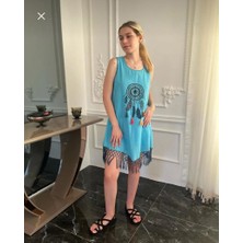 Kadın Mavi Naturel Dokuma Etnik Yazlik Mini Elbise