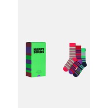 Happy Socks - Çok Renkli Çizgi Desenli 3\'lü Pamuklu Çorap Seti