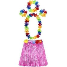 Evvano Yetişkin ve Çocuk Uyumlu Luau Aloha Hawaii Pembe Etek ve Renkli Kolye Taç 2 Adet Bileklik Seti