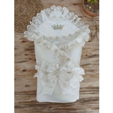 DMR Elegance Yenidoğan Harika Kelebek Nakışlı Trilüks Kundak Bebek Battaniyesi Ekru