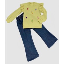 DMR Elegance 4-5-6 Yaş Kot Pantolonlu Flamingo Desenli Penye Sweat Uzun Kollu 2li Kız Çocuk Takımı Sarı