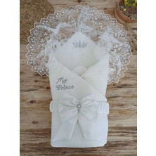 DMR Elegance Yenidoğan Sahra Taç Benim Prensim Nakışlı Kundak Bebek Battaniyesi Ekru