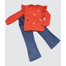 DMR Elegance 4-5-6 Yaş Kot Pantolonlu Flamingo Desenli Penye Sweat Uzun Kollu 2li Kız Çocuk Takımı Kırmızı