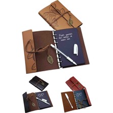 Wolawood Siyah Yapraklı Deri Kapaklı Defter ve Beyaz Jel Kalem Seti Vintage Günlük Not Defteri Özel Tasarım Hediye Seti Çizim Yazı Ajanda Sanatsal Tasarım Defter Seti