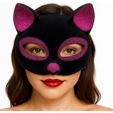 Evvano Siyah Renk Fuşya Simli Süet Kaplama Kedi Maskesi 18X14 cm