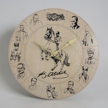 Pelince Atatürk Portreli Ahşap Üzerine Lazer Kazıma Duvar Saati - 30 cm Imzalı Modern Atatürk Duvar Dekoru