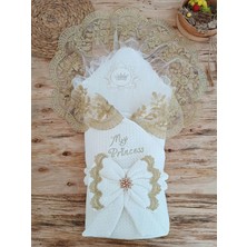 DMR Elegance Yenidoğan Pamuk Taç Benim Prensesim Nakışlı Trilüks Kundak Bebek Battaniyesi Ekru