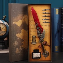 Keyfim Shop Kişiye Özel Lüks Tüylü Divit Kalem Seti – Mürekkep Şişeli, Kutulu Vintage Yazı Seti, Dekoratif Hediye Kalem
