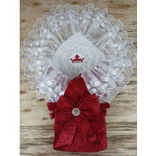 DMR Elegance Yenidoğan Saray Kadife Taç Nakışlı Inci Fiyonklu Çift Dantel Duvak Trilüks Kundak Bebek Battaniyesi Bordo