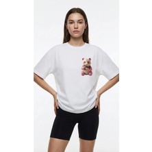 Kadın Oversize Düz Renk Panda Dijital Baskılı Bisiklet Yaka Basic Tişört Beyaz / Xl