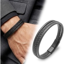 Fm 💎 Premium Siyah Saç Örgülü Çoklu Deri Bileklik 31833B10D5 - 21 cm