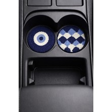 Fun Life Araba Bardak Altlığı 2'li Set Punch El Yapımı Altı Keçeli 7cm Nazar Boncuğu ve Dama Desenli