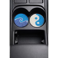 Fun Life Araba Bardak Altlığı 2'li Set Punch El Yapımı Altı Keçeli 7cm Mavi Dalga ve Yin Yang