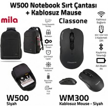 Classone Mila W500 15.6" Notebook Sırt Çantası- Siyah  +WM300 Kablosuz Mouse