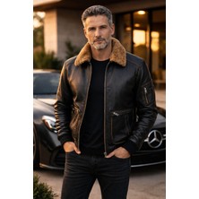 Viamod Leather Erkek Hakiki Deri Ceket Kürk Yakalı Siyah Premium Pilot Model Gerçek Deri Mont Üretici Garantili