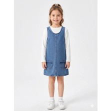 Queen Kids M9933 Denim Kalp Detaylı Elbise  Mavi
