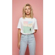 Kadın Oversize Baskılı Minimal Sanat Desenli Beyaz Tişört Beyaz / S