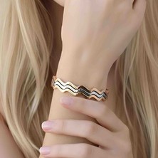 Bontexs Kadın Üçlü Renk Geçişli Zigzag Model Paslanmaz Çelik Kadın Bileklik, 3 Renkli Dalga Tasarımlı Çelik Kelepçe Bileklik - Gold, Gümüş, Rose Gold
