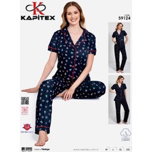 DNC Kapitex Kadın Pijama Takımı Lacivert Denizci Desenli – Yazlık Kısa Kollu Düğmeli Kadın Ev Giyim