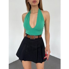 Kemerli Pileli Şort Etek - Siyah