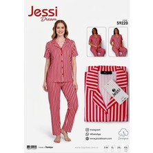 DNC Jessi Dream Kadın Yazlık Pijama Takımı Kırmızı Çizgili Kısa Kollu Düğmeli Ev Giyim