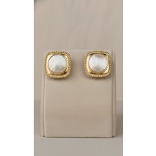 Lune Design 925 Ayar Gümüş Çivili Kare Formlu Altın Kaplama Sedefli Vintage Tasarım Küpe
