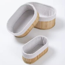 Sengenegel 3'lü Bambu Sepet - Naturel Astarlı Çok Amaçlı Saklama Kutusu - Banyo Kozmetik Mutfak Organizeri Bej