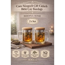Berdina Home 2li Borosilikat Cam Süzgeçli Bambu Kapaklı Kupa Kulplu Demlik Modeli Çift Kat Bitki Çay Bardağı 400 Ml.