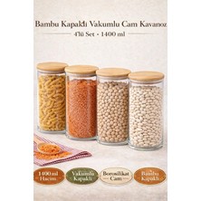 Berdina Home 4'lü Bakliyat Saklama Kabı Bambu Kapaklı Cam Kavanoz Vakumlu Baharatlık Mutfak Organizer Seti