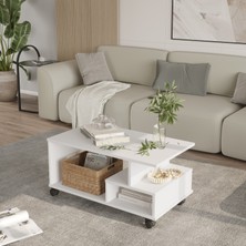 L'occi Concept Tekerlekli Orta Sehpa - Bölmeli ve Raflı Fonksiyonel Salon Sehpası Beyaz - SID9-W
