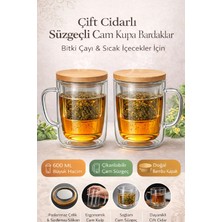 Berdina Home 2’li Süzgeçli Cam Kupa Bardak Çift Cidarlı Isı Yalıtımlı Bambu Kapaklı Bitki Çayı Fincanı Seti