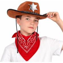 Ttt Çocuk Kovboy Şapka Rozetli Kahverengi ve Kırmızı Bandana Seti