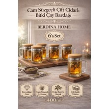 Berdina Home 6lı Borosilikat Cam Süzgeçli Bambu Kapaklı Kupa Kulplu Demlik Modeli Çift Kat Bitki Çay Bardağı 400 ml.
