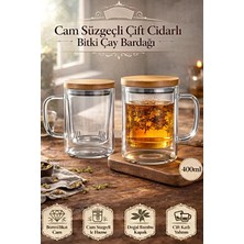 Berdina Home Borosilikat Cam Süzgeçli Bambu Kapaklı Kupa Kulplu Demlik Modeli Çift Kat Bitki Çay Bardağı 400 Ml.