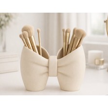 Modern Fiyonk Tasarımlı 2 Bölmeli Makyaj Fırçası Düzenleyici ve Kozmetik Organizer - Estetik Masaüstü Dekoratif Stand