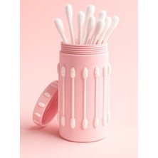 Modern Pamuklu Çubuk Düzenleyici - 3D Tasarım Pembe Kapaklı Banyo Organizeri & Makyaj Masası Saklama Kutusu