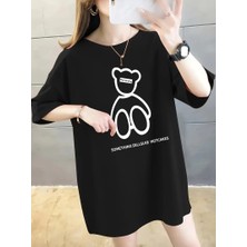 Tarz Yeri 20/1 Penye Compack Ön Arka Baskılı Oversize Bisiklet Yaka T-shirt - Siyah -