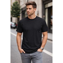 Zueofficial Erkek Siyah Basic Tok Kumaş Regular Kalıp T-Shirt