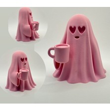 Kahve Seven Pembe Hayalet Figürü - 3D Yazıcı Baskı Kalp Gözlü Dekoratif Obje