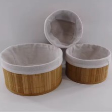 Sengenegel 3'lü Bambu Yuvarlak Sepet - Çok Amaçlı Saklama Kutusu - Banyo Kozmetik Mutfak Organizeri Bej