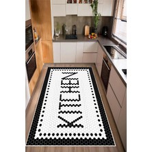 Pelura Halı Siyah Beyaz Kitchen Yazılı Dijital Baskılı Kaymaz Yıkanabilir Mutfak Halısı Yolluk
