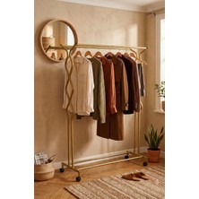 Arvion Home Modern Gold Kuğ Çift Bölmeli Tekerlekli Metal Elbise Askısı Tekerlekli Konfeksiyon Askılık Stand