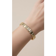 Lune Design Italyan Model Zirkon Taşlı Plaka Detaylı Ayarlanabilir Gold Çelik Bileklik ​