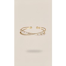 Lune Design Altın Renk Zirkon ve Baget Taşlı Paslanmaz Çelik Ayarlanabilir Çapraz Kelepçe Bileklik