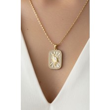 Lune Design Anka Kuşu Motifli Mineli Zirkon Taşlı, Altın Kaplama Pirinç Uçlu Çelik Zincir Kolye