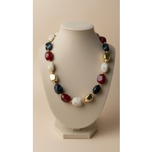 Lune Design Bordo Lacivert Karma Taşlı Bej ve Gold Detaylı Modern Kolye